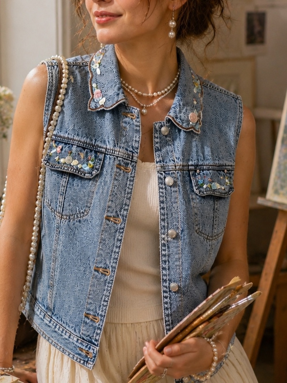 Vintage Embellished Denim Vest Floral Pearl Lace Cottagecore Boho 90s Medium